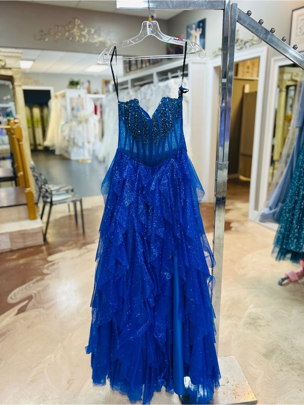 Alyce Paris Royal Blue Glitter Ruffled Prom Dress